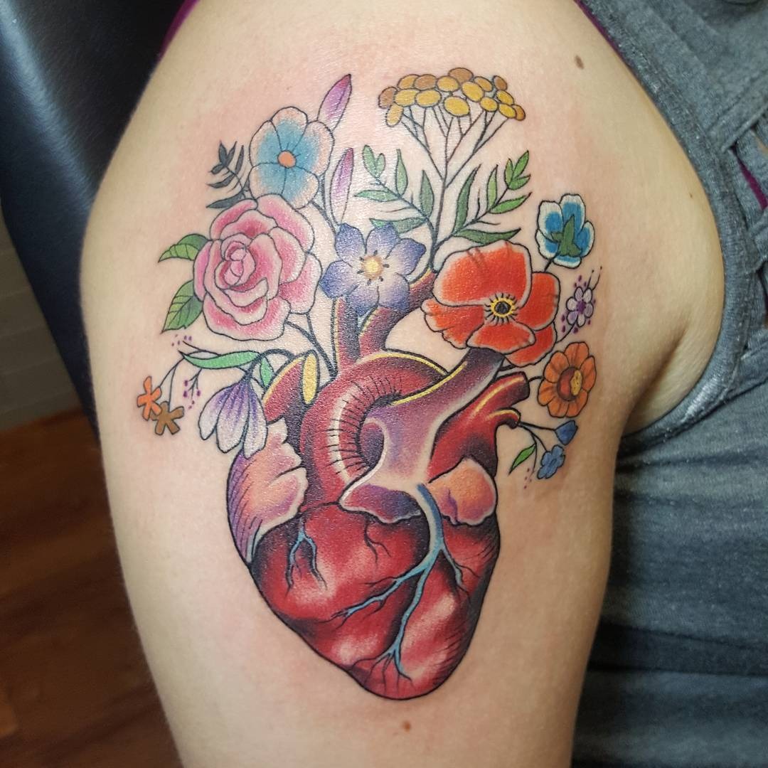 Anatomical Heart With Blooming Wildflowers Tattoo Tattoo Design