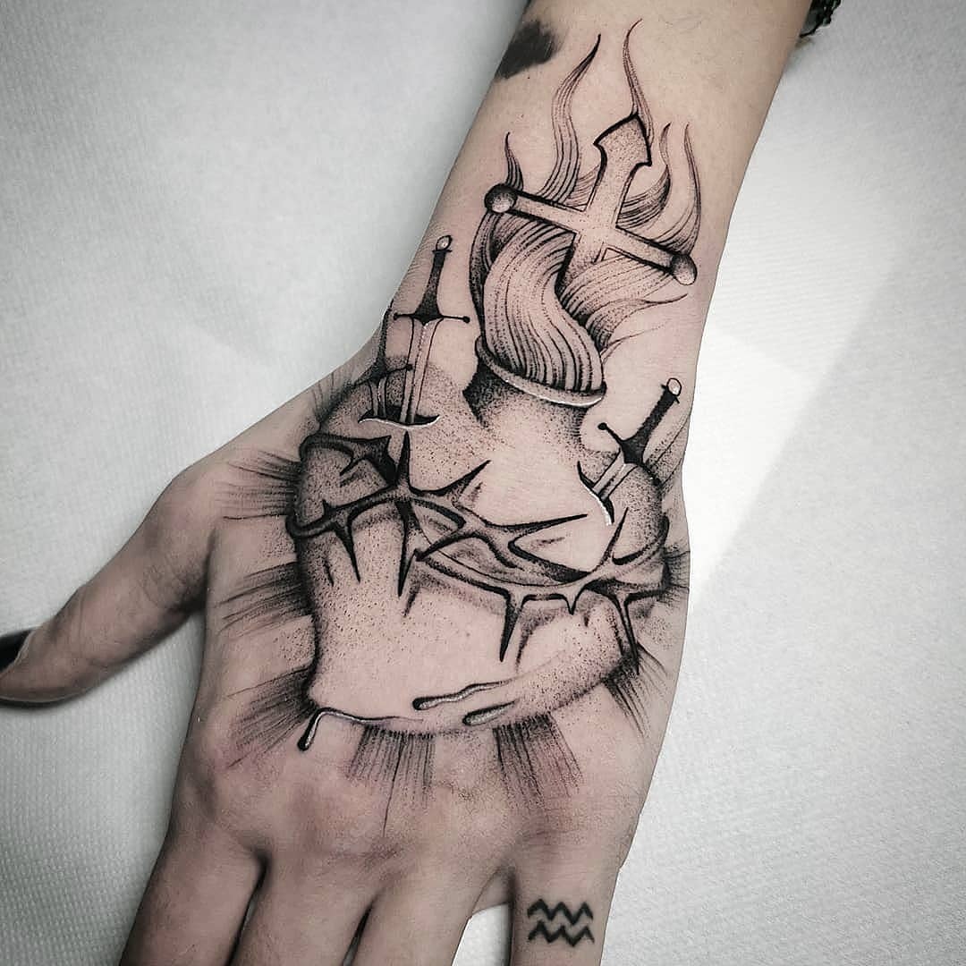 Sacred Heart With Cross and Crown of Thorns Tattoo Tattoo Design