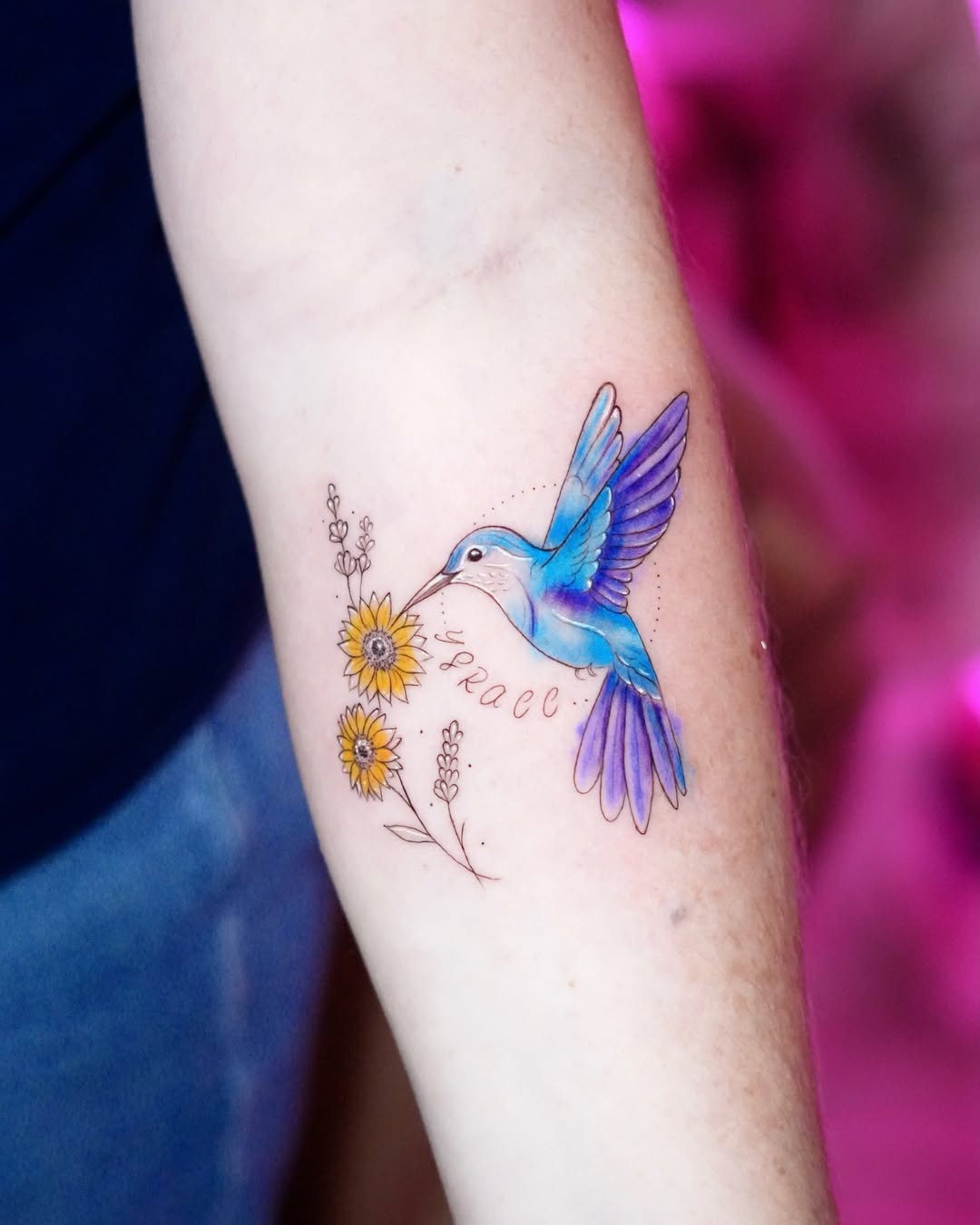 Blue Hummingbird and Sunflower Memorial Tattoo Tattoo Design