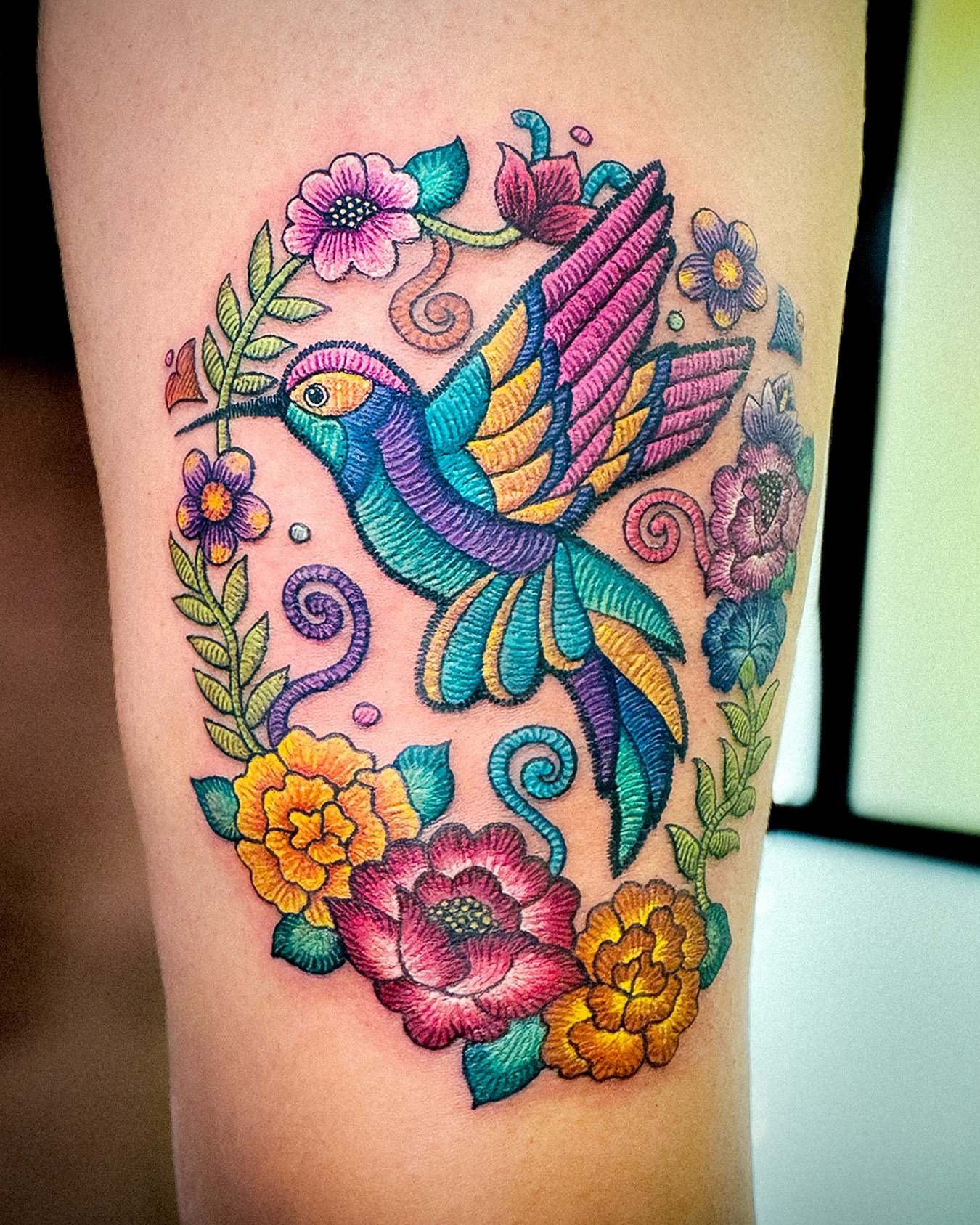 Colorful Hummingbird Floral Wreath Tattoo Tattoo Design