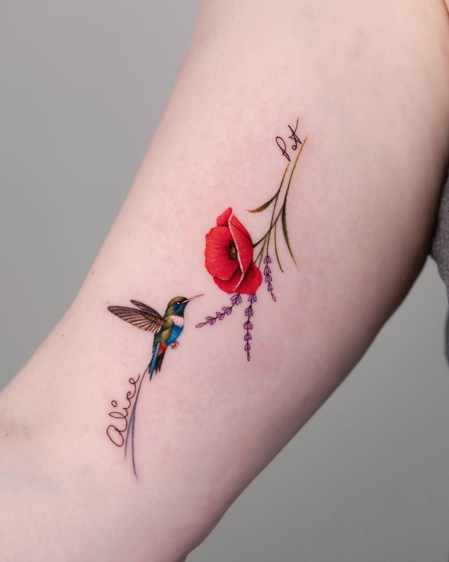 Hummingbird and Red Poppy Tattoo with Names Tattoo Design