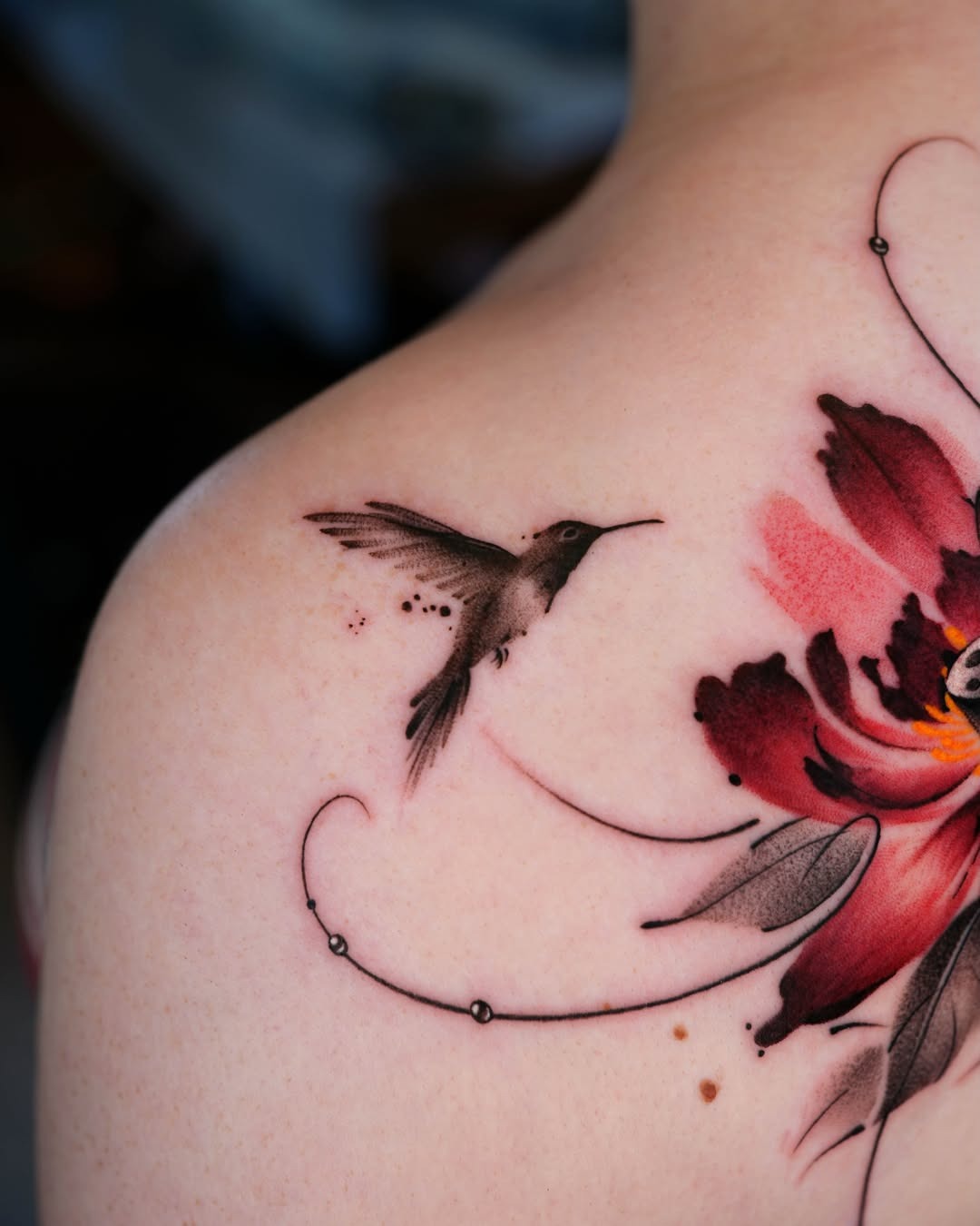 Minimalist Hummingbird and Red Flower Tattoo Tattoo Design