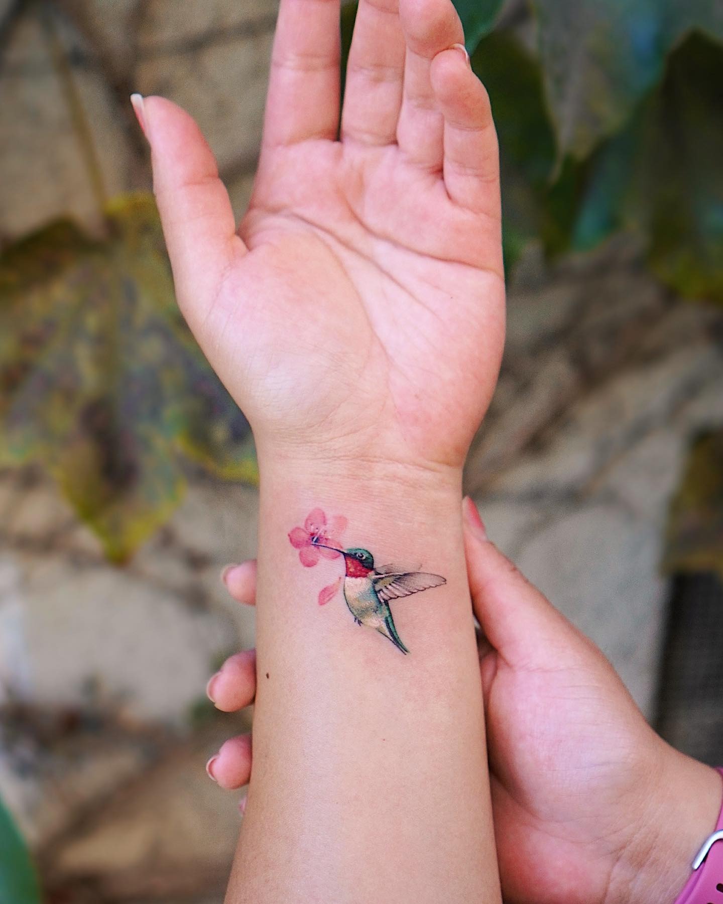 Tiny Hummingbird with Pink Blossom Tattoo Tattoo Design