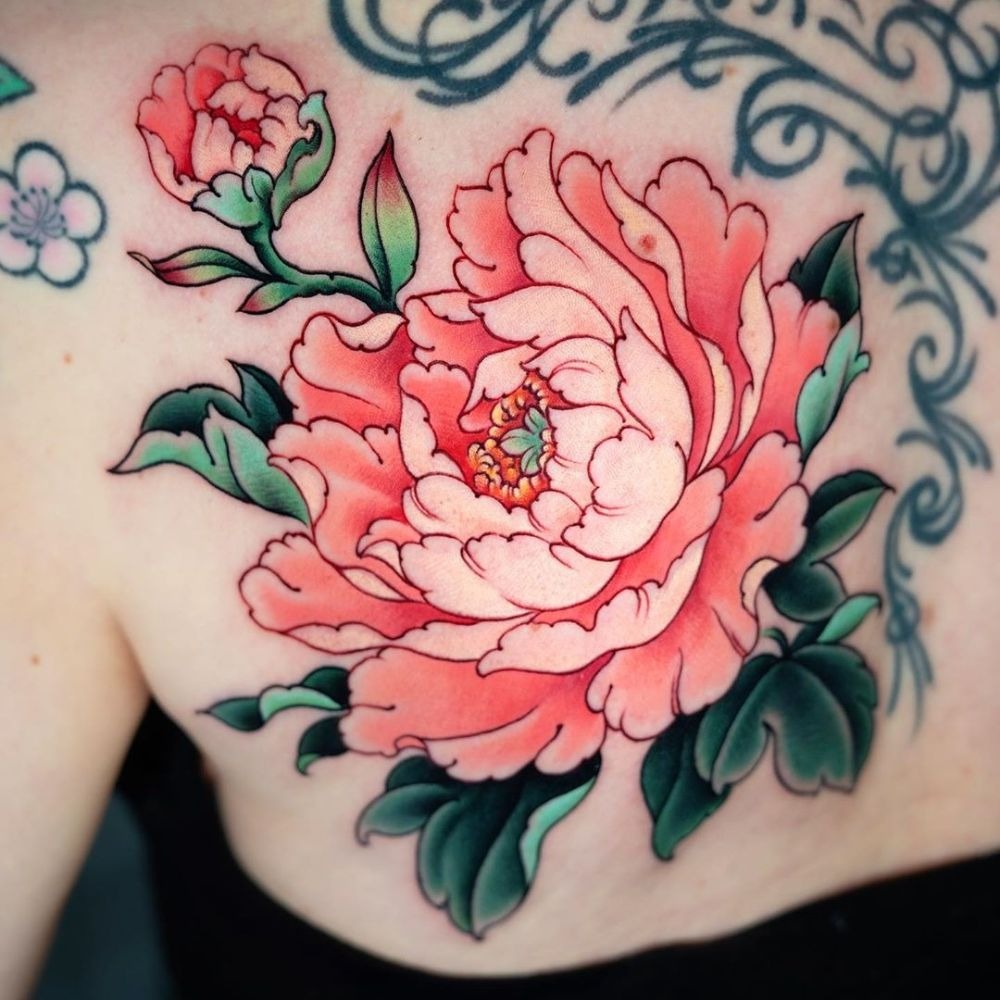 Bold Peony Bloom with Dark Contrast Tattoo Design