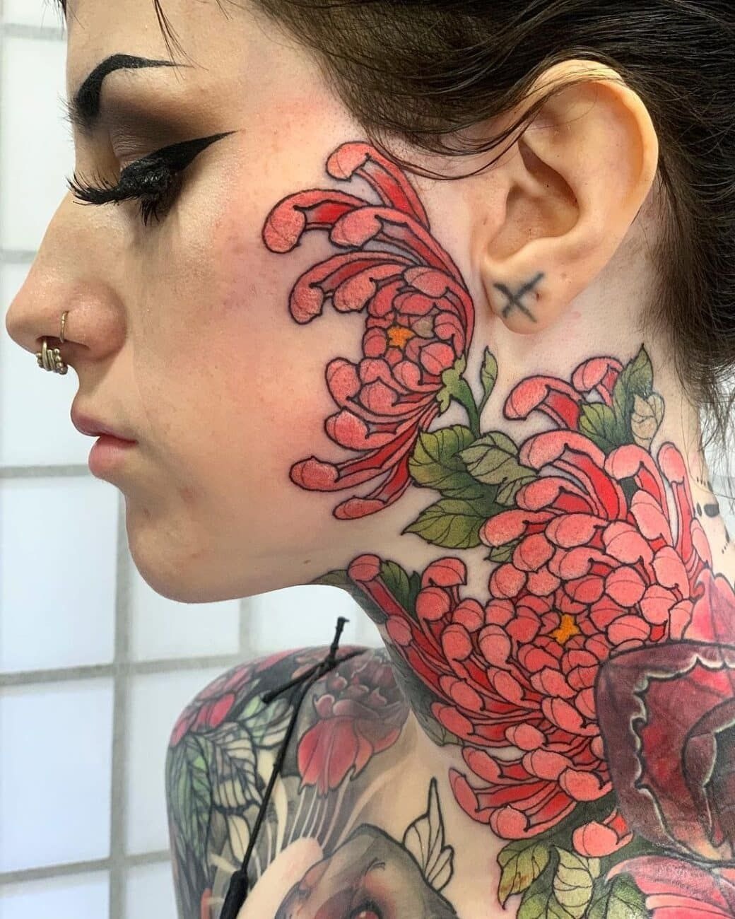 Chrysanthemum Neck and Jawline Statement Tattoo Design