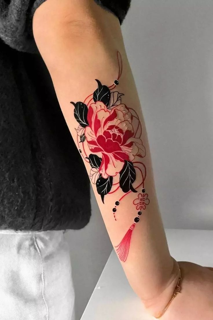 Delicate Red Peony with Fine Line Details Tattoo Design