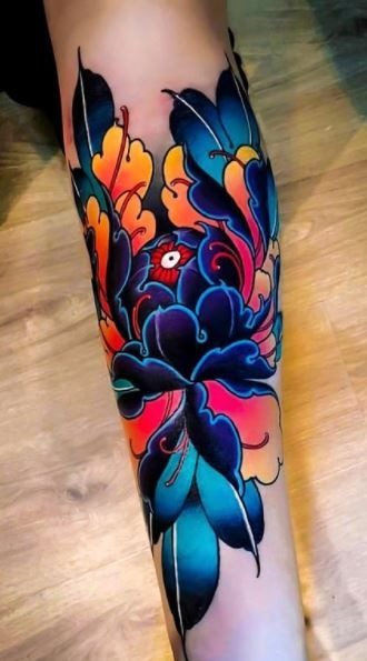 Electric Peony with Bold Color Contrast Tattoo Design