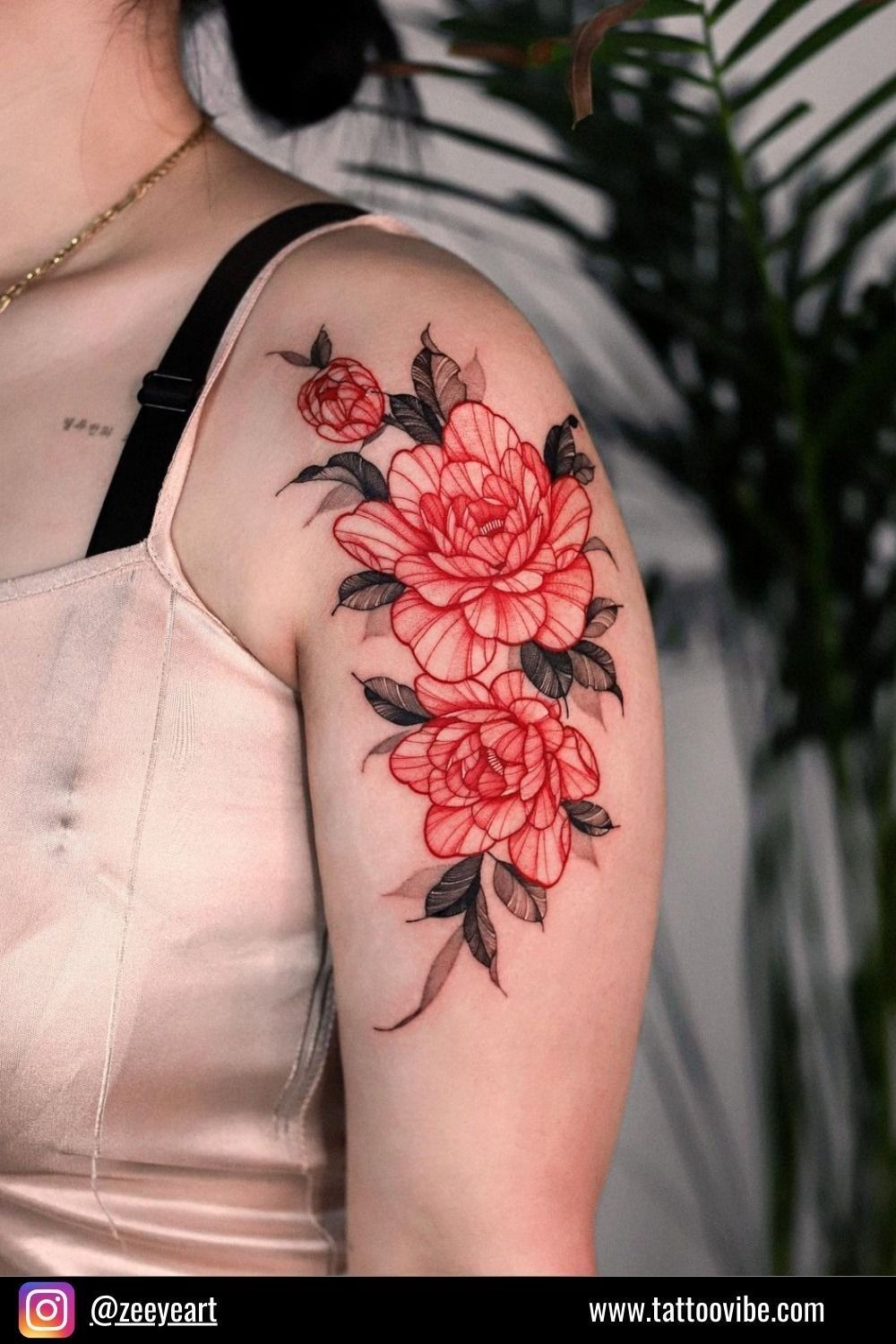 Fine Line Red Peony on the Shoulder Tattoo Design