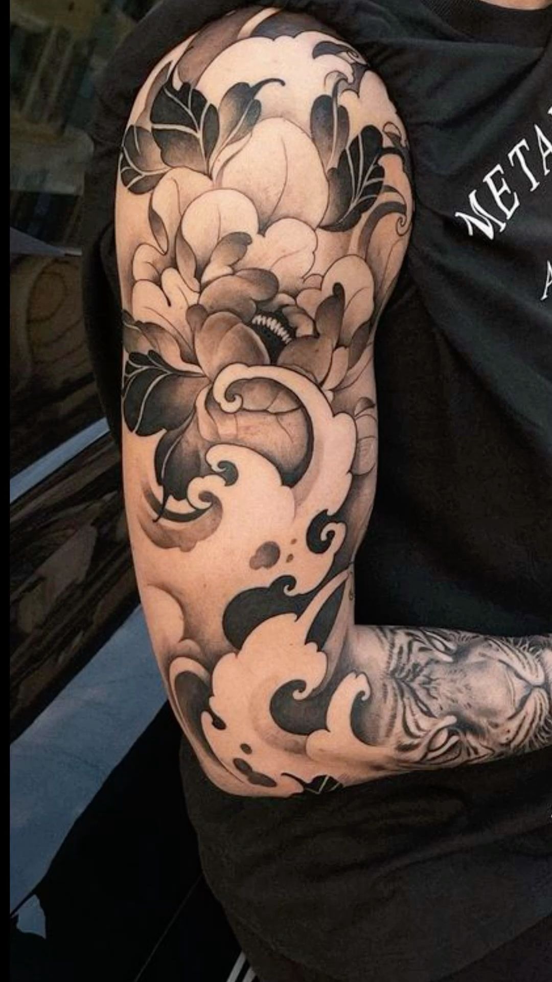 Soft Black and Grey Floral Sleeve Accent Tattoo Design