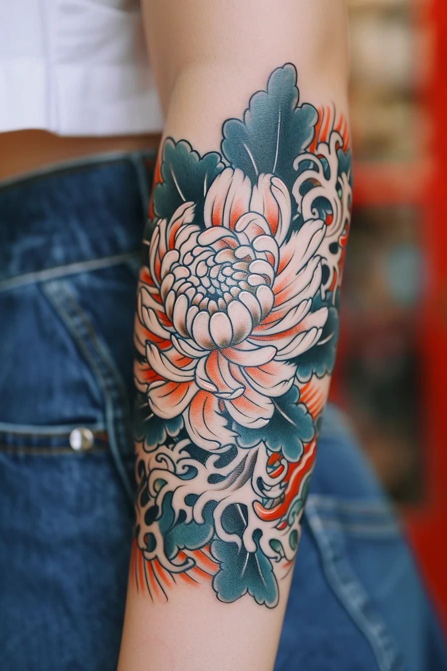 Soft Blue Chrysanthemum with Flowing Background Tattoo Design