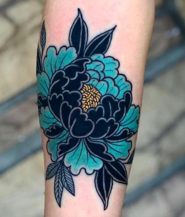 Teal and Black Peony with Graphic Lines Tattoo Design