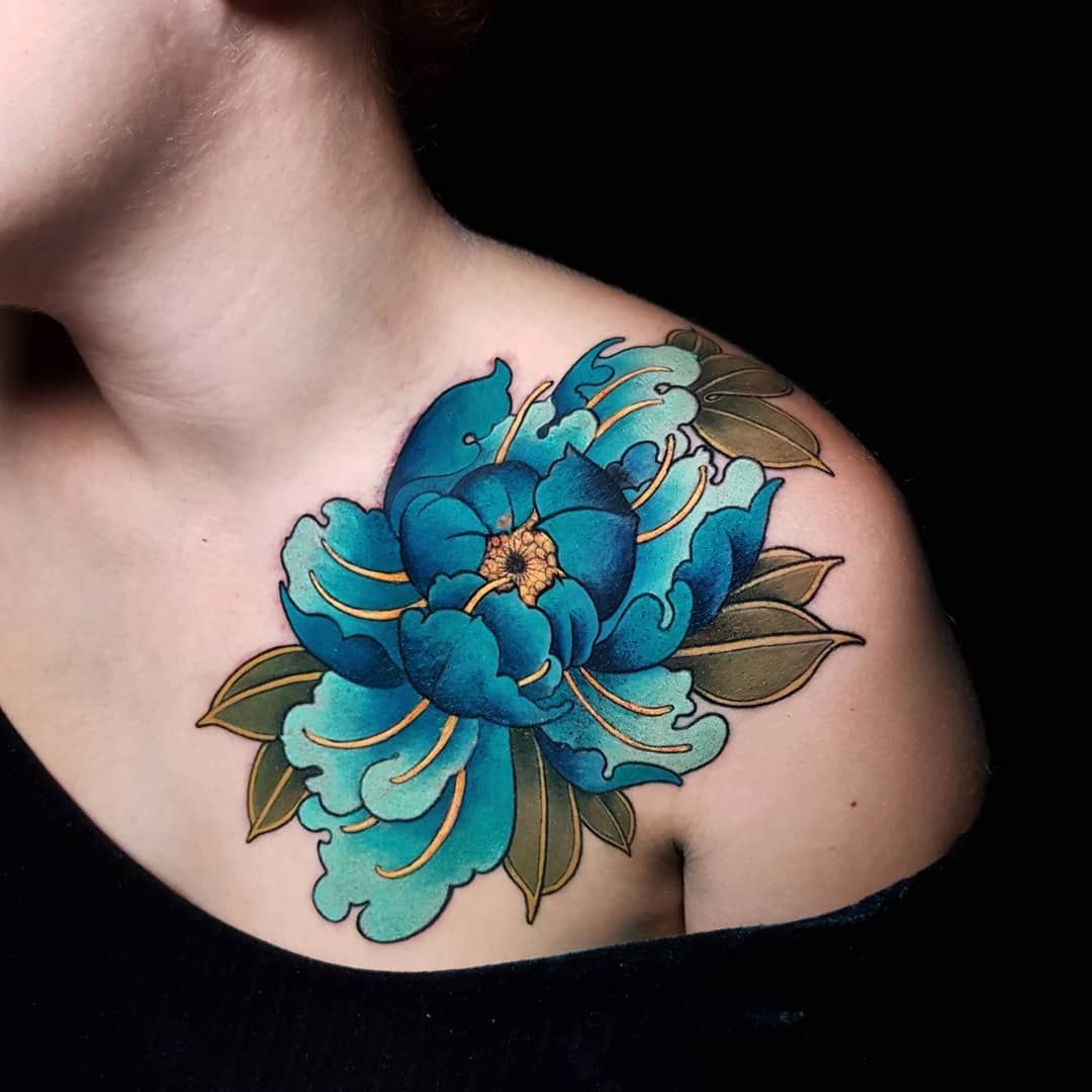 Teal Peony Statement on the Shoulder Tattoo Design