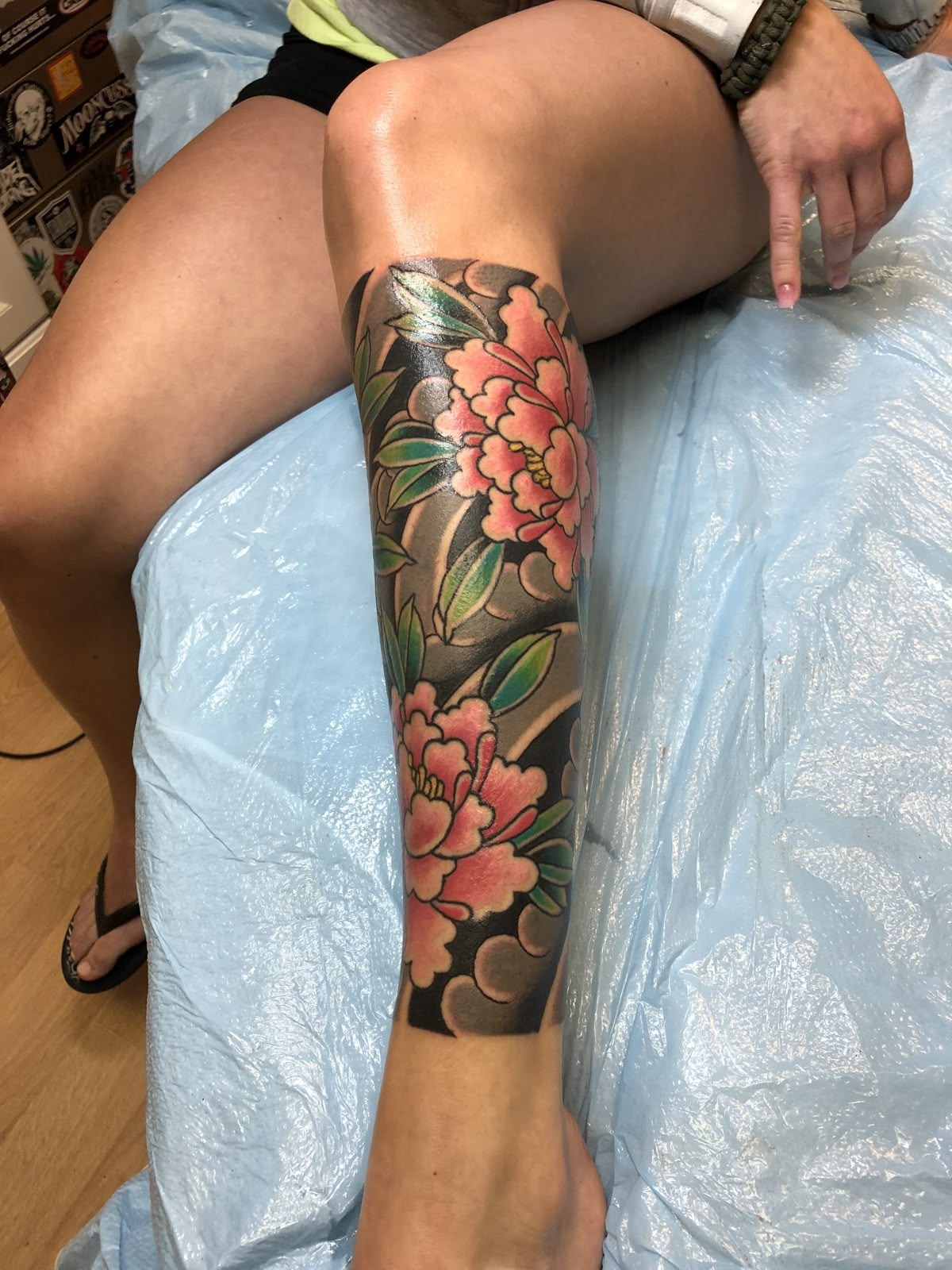 Traditional Peony on the Lower Leg Tattoo Design
