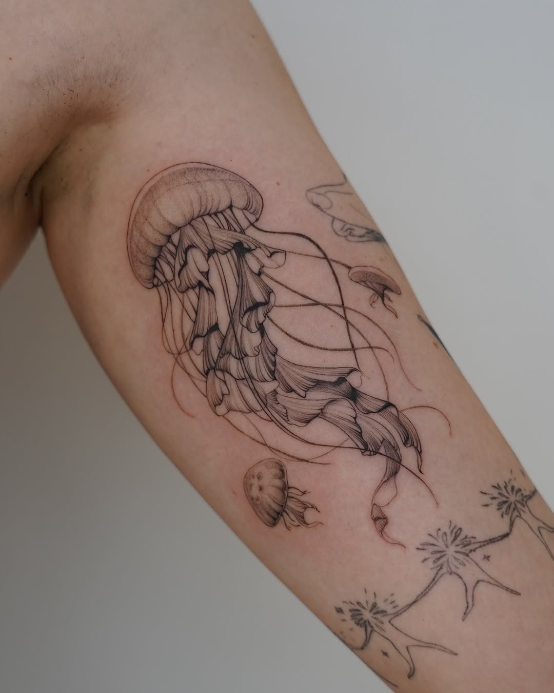 Elegant blackwork jellyfish tattoo on arm Tattoo Design