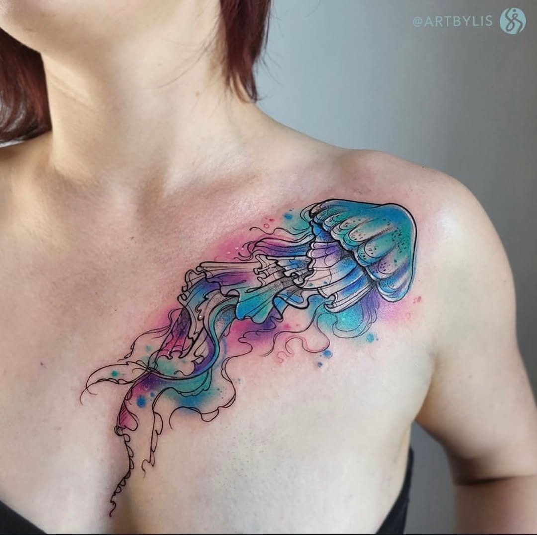 Stunning watercolor jellyfish tattoo on shoulder Tattoo Design