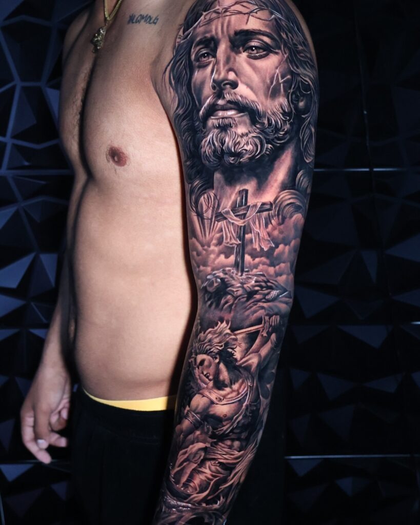 Jesus and Archangel Full Sleeve Tattoo Tattoo Design