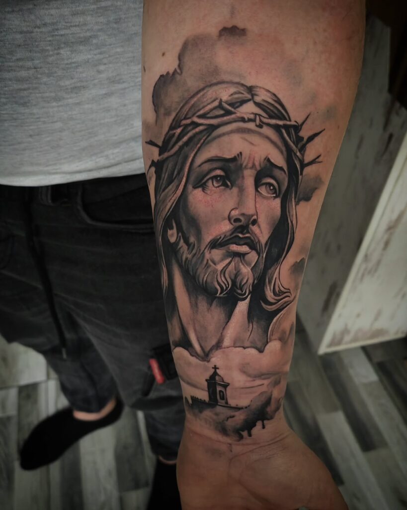 Jesus and Church Forearm Tattoo Tattoo Design