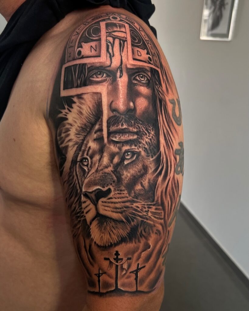 Jesus, Lion of Judah, and Crucifixion Tattoo Tattoo Design