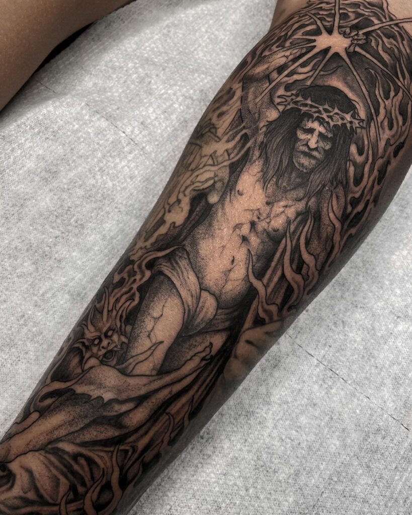 Jesus Triumphing Over Evil Tattoo Tattoo Design