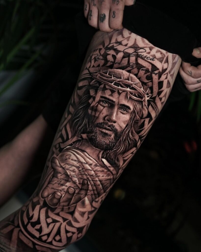 Jesus with Open Hand and Sacred Text Tattoo Tattoo Design