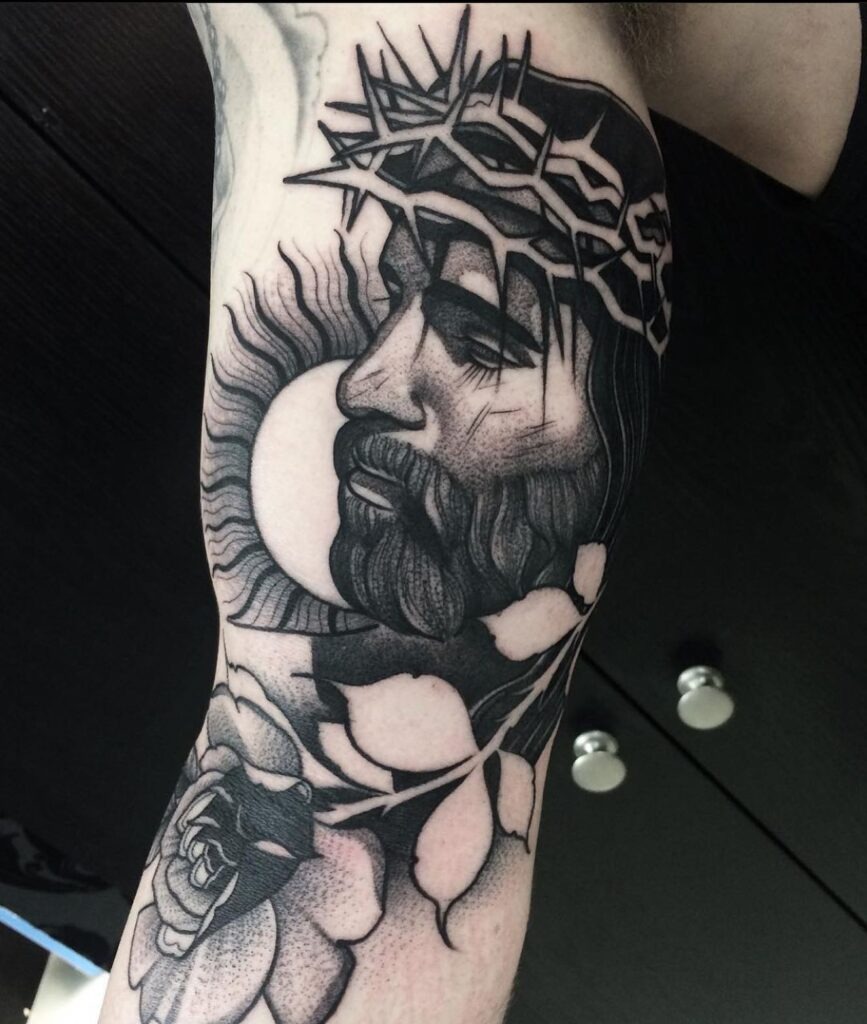 Neo-Traditional Jesus and Floral Tattoo Tattoo Design