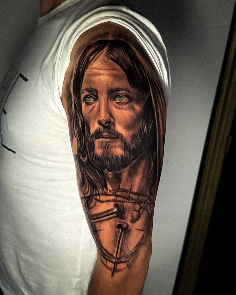 Realistic Jesus and Crown of Thorns Tattoo Tattoo Design