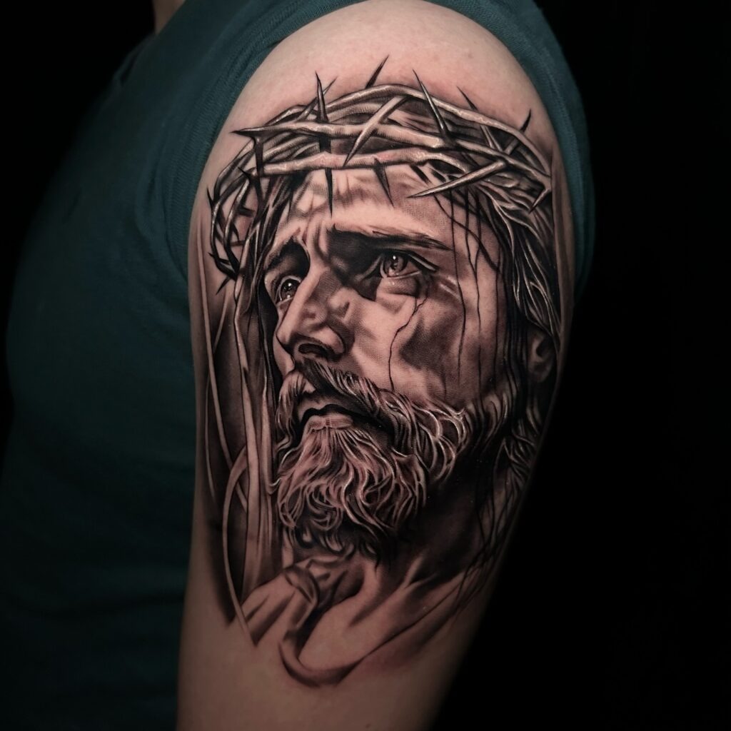 Tearful Christ with Crown of Thorns Tattoo Tattoo Design