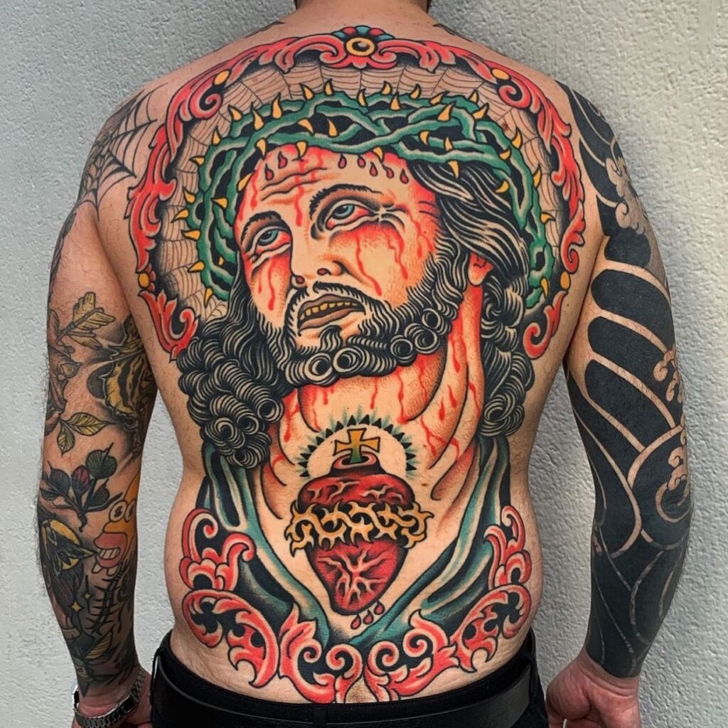 Traditional Full-Back Jesus and Sacred Heart Tattoo Tattoo Design