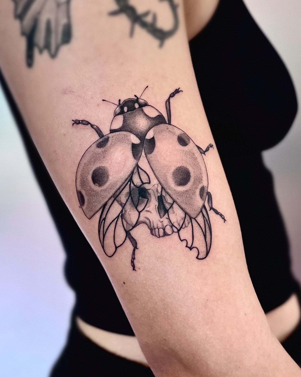 Dark Ladybug Tattoo With a Hidden Skull Tattoo Design