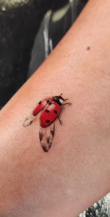 Flying Red Ladybug With Delicate Wings Tattoo Design