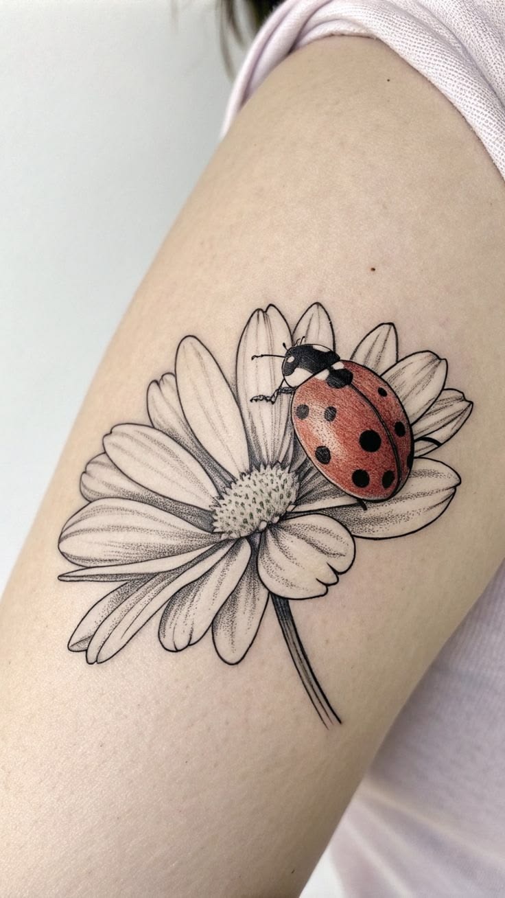 Ladybug and Daisy Flower Tattoo Tattoo Design