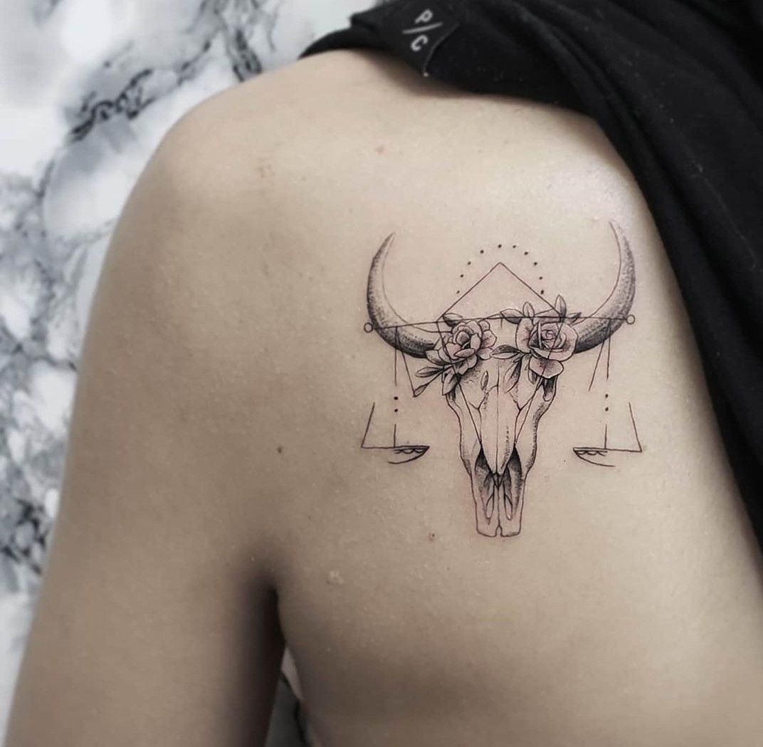 Floral Horns with Scales Back Piece Tattoo Design