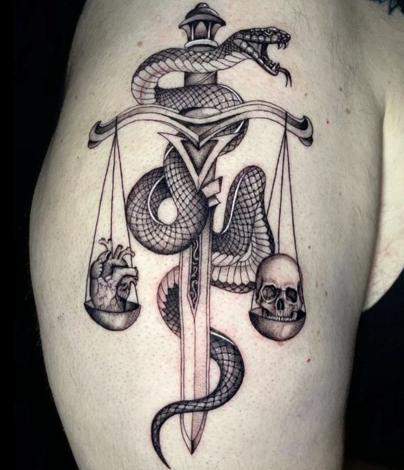 Serpent and Sword Balance Tattoo Design