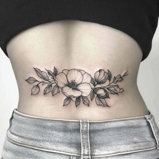 Here, we see an intricate black-and-white floral tattoo featuring detailed linework and shading.