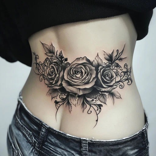 This tattoo design features a stunning arrangement of roses and floral elements in delicate black ink.