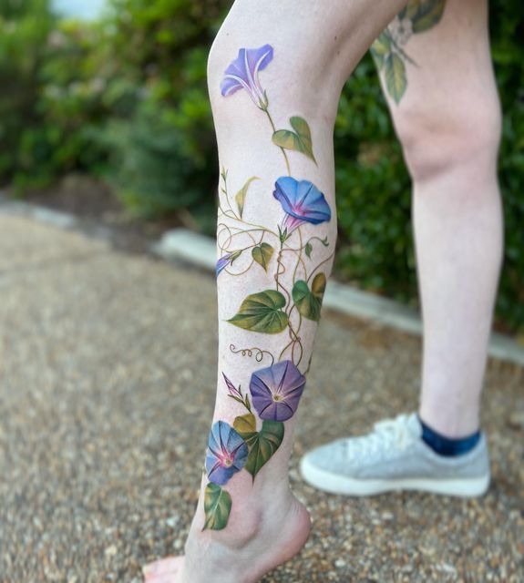 Blackwork Morning Glory Thigh Wrap Tattoo Design