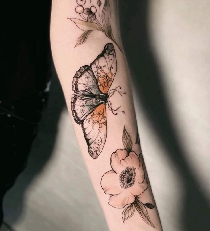 Botanical Moth with Floral Elements Tattoo Design