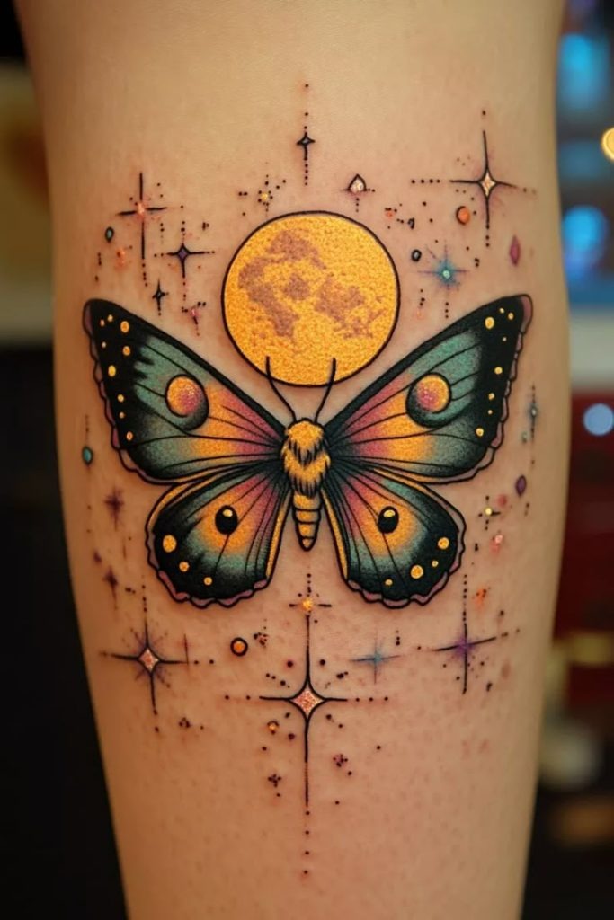 Celestial Moth with Lunar Energy Tattoo Design