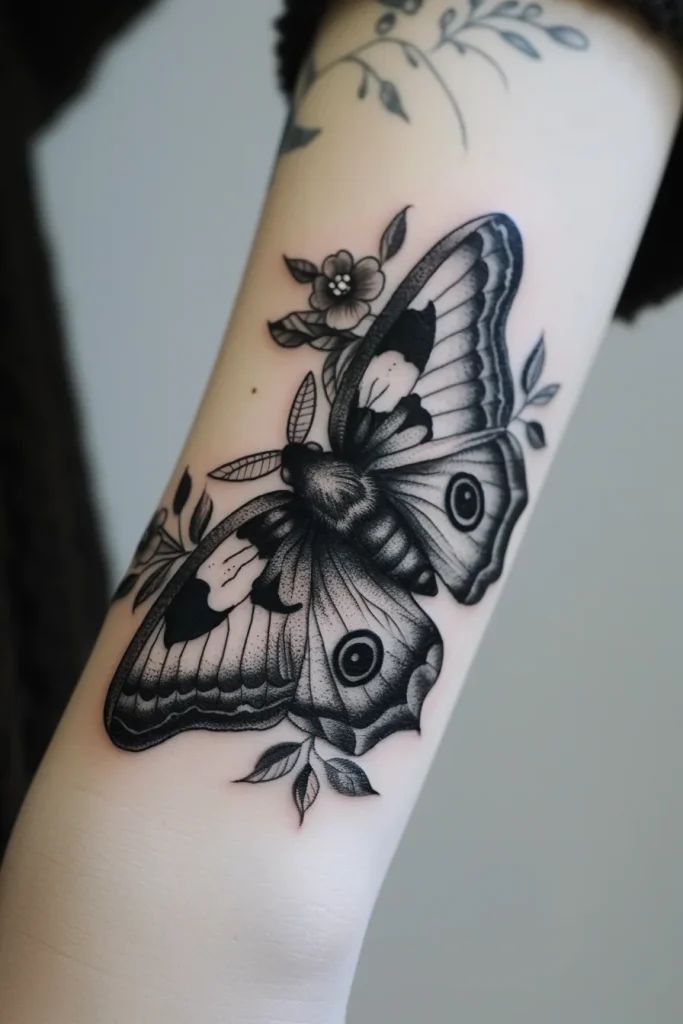 Fine Line Black and White Moth Tattoo Tattoo Design