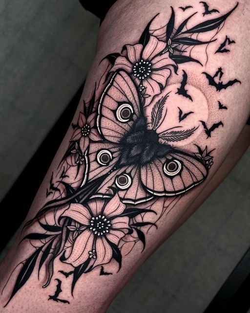 Gothic Moth with Bats and Flowers Tattoo Design