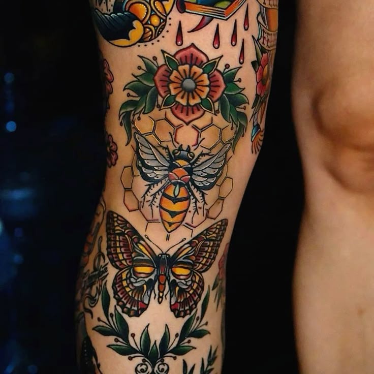 Traditional Moth Sleeve with Bees and Florals Tattoo Design