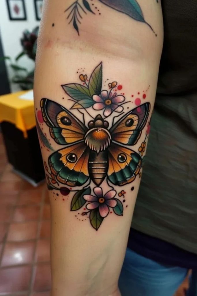 Vibrant Floral Moth Tattoo Tattoo Design