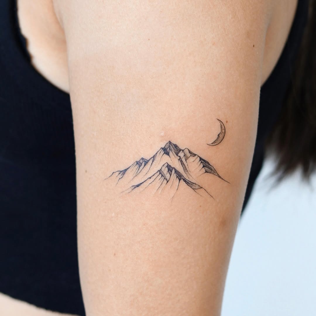 Elegant mountain tattoo with a crescent moon Tattoo Design