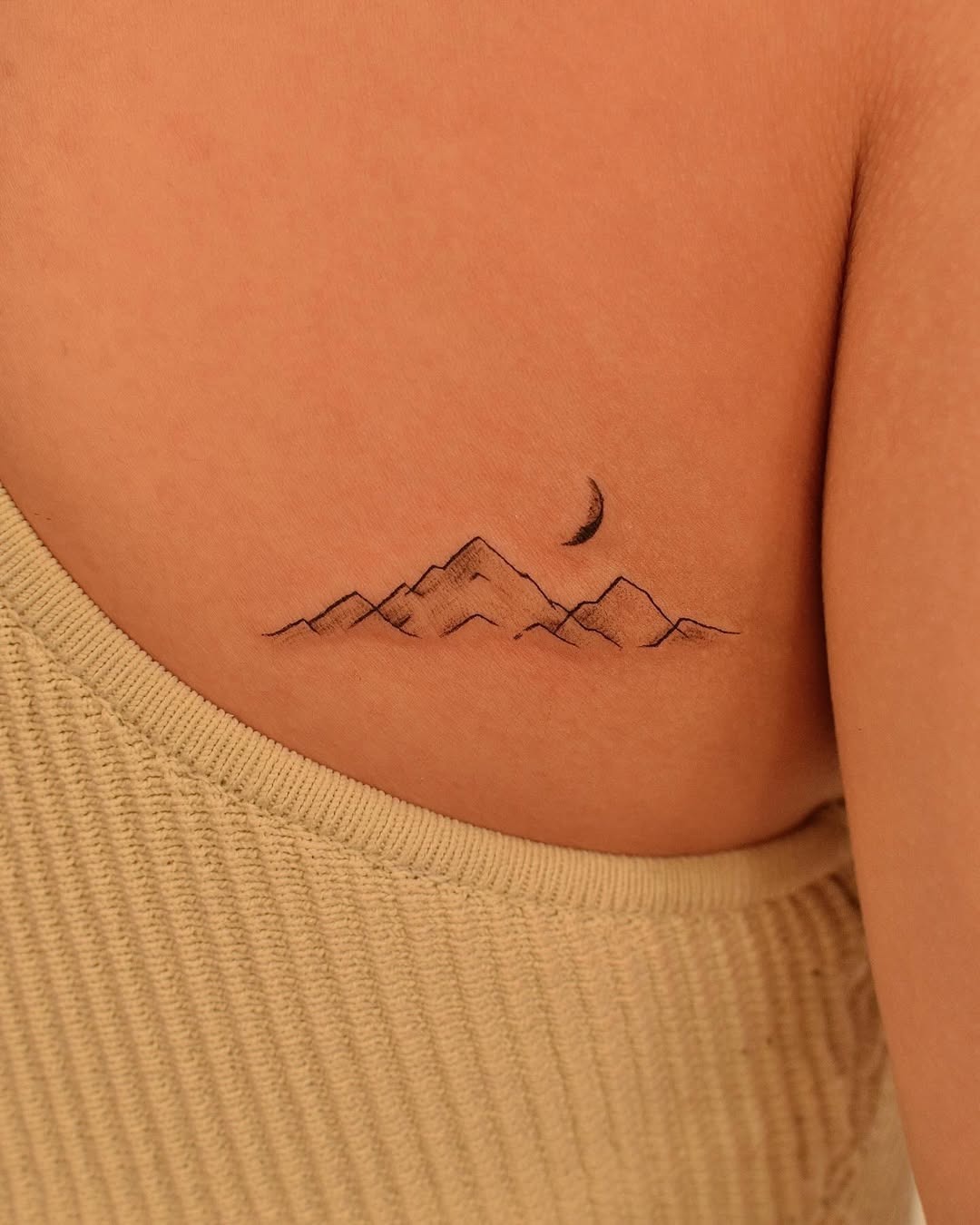 Elegant mountain tattoo with crescent moon Tattoo Design