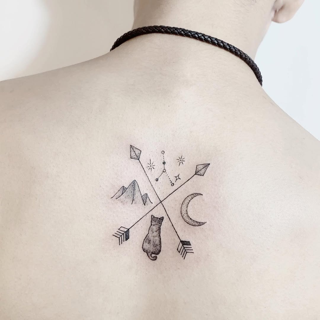 Intricate mountain tattoo with celestial elements Tattoo Design