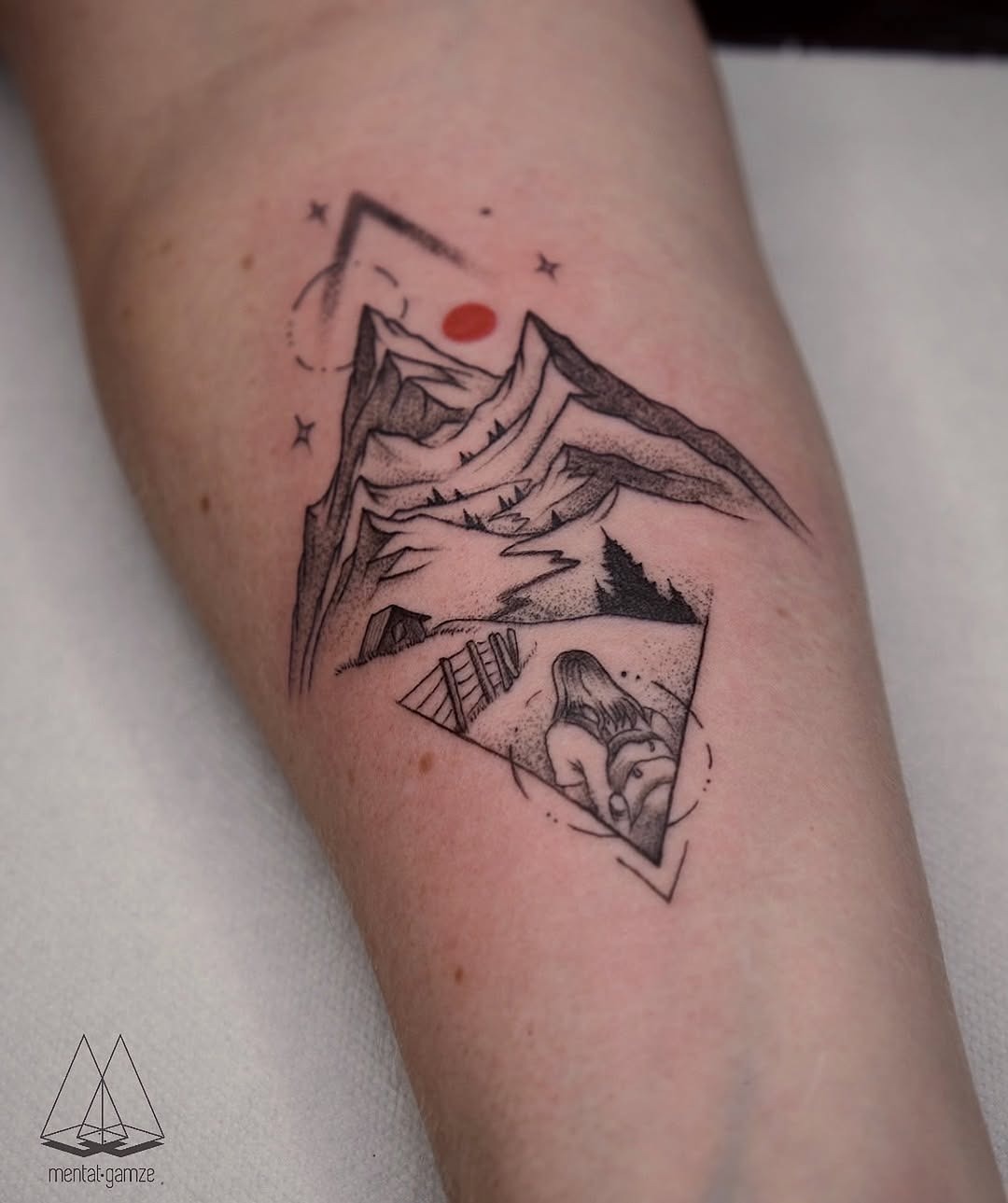 Intricate mountain tattoo with geometric design Tattoo Design