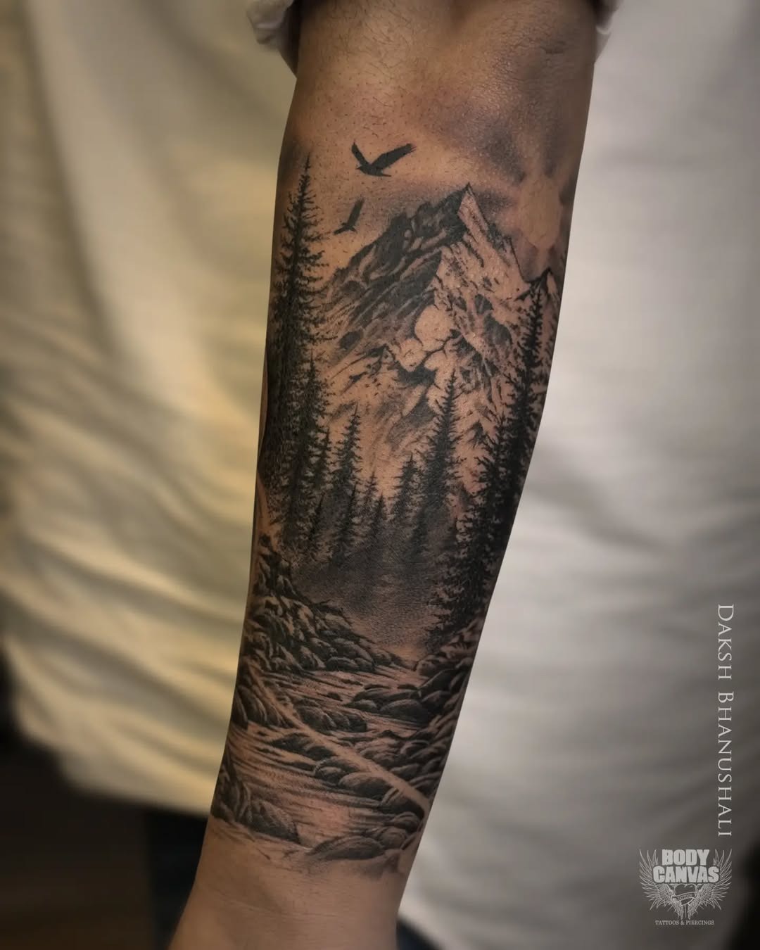 Intricate mountain tattoo with serene wilderness vibes Tattoo Design