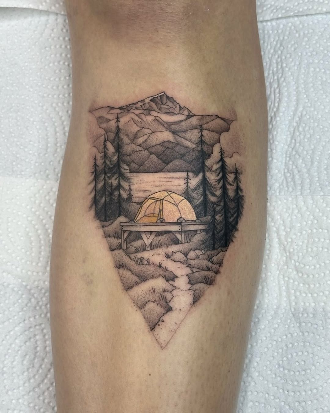 Serene mountain campsite tattoo design Tattoo Design