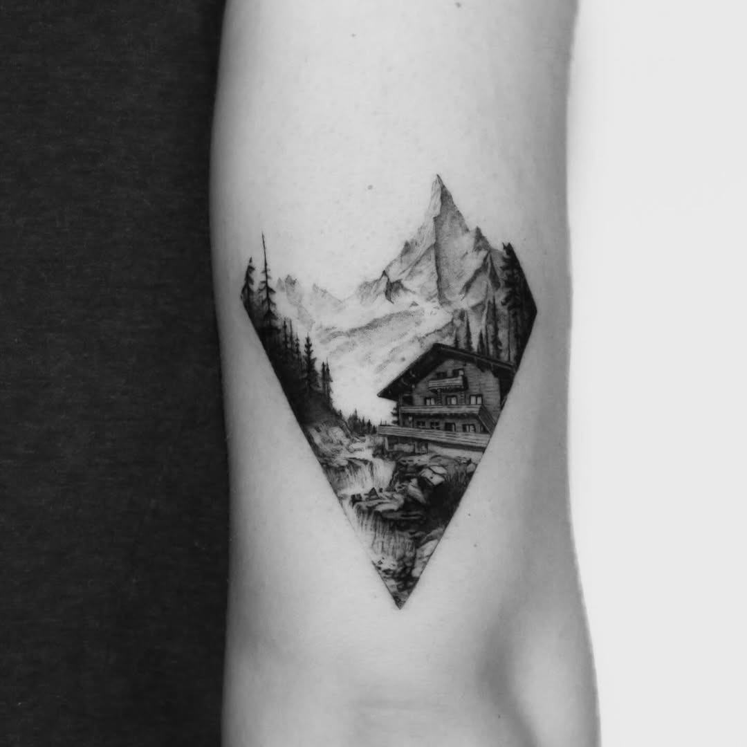Stunning mountain landscape tattoo with cabin detail Tattoo Design
