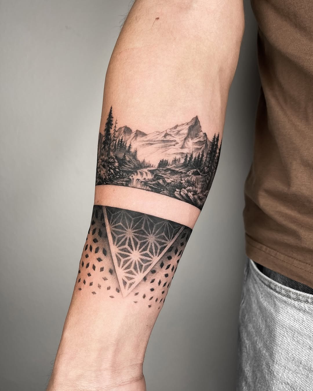 Stunning mountain landscape tattoo with geometric design Tattoo Design